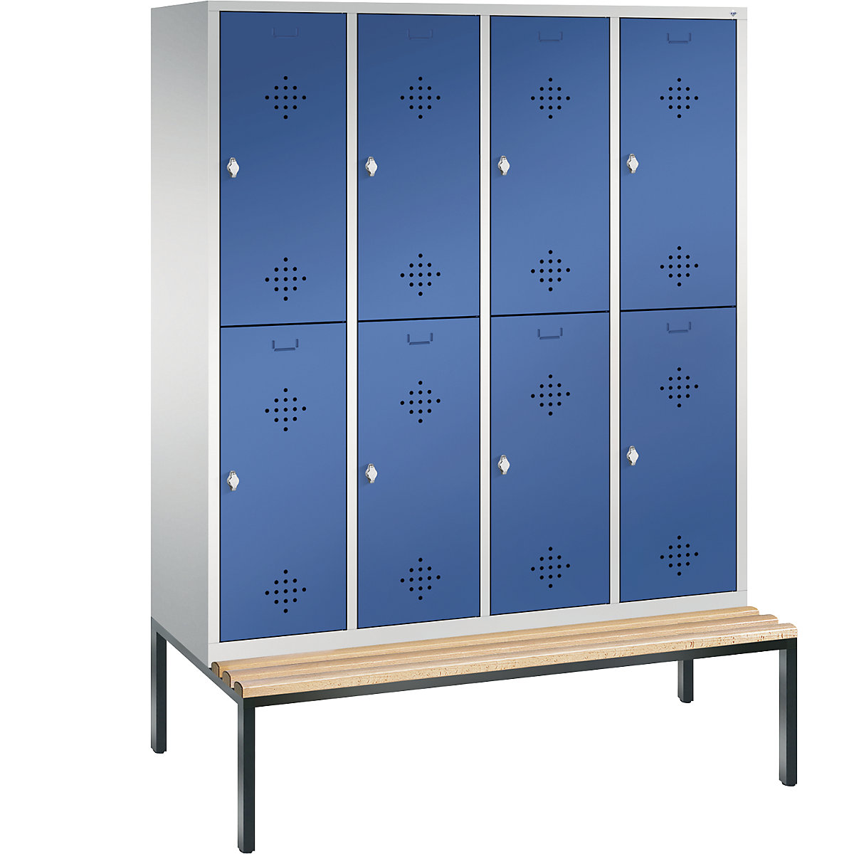 C+P – Armario guardarropa CLASSIC con banco integrado debajo, de dos pisos, 4 módulos, cada uno con 2 compartimentos, anchura de módulo 400 mm, gris luminoso / azul genciana