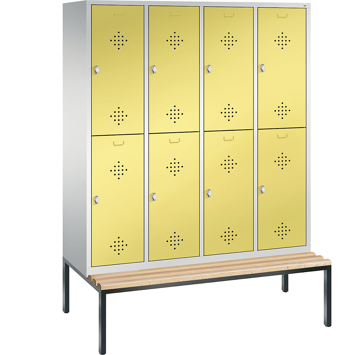 C+P – Armario guardarropa CLASSIC con banco integrado debajo, de dos pisos, 4 módulos, cada uno con 2 compartimentos, anchura de módulo 400 mm, gris luminoso / amarillo azufre