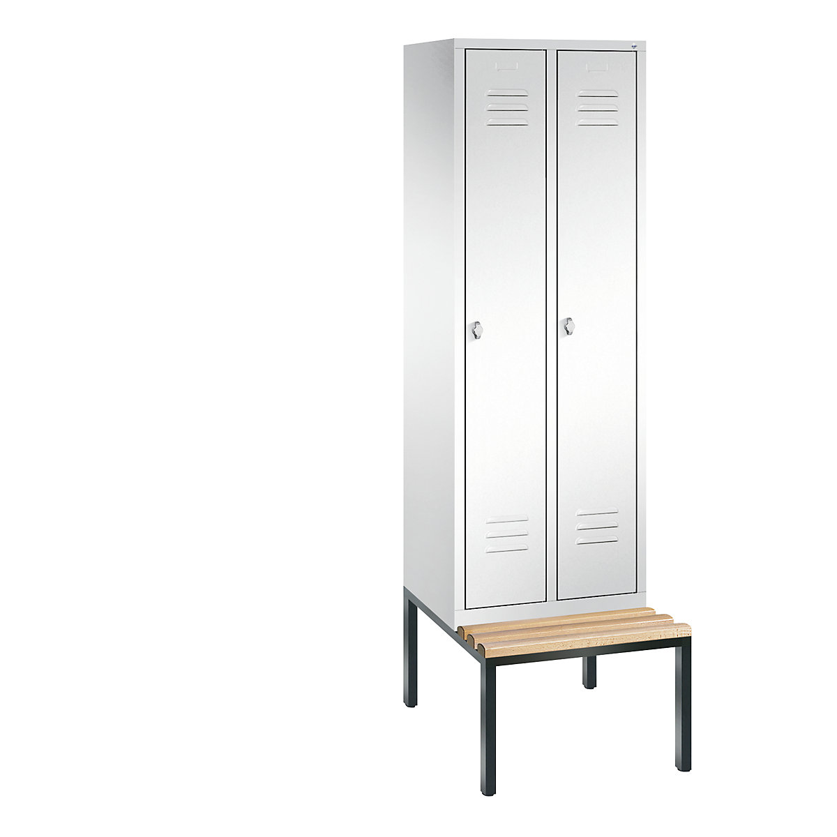C+P – Armario guardarropa CLASSIC con banco integrado debajo, 2 compartimentos, anchura de compartimento 300 mm, blanco tráfico