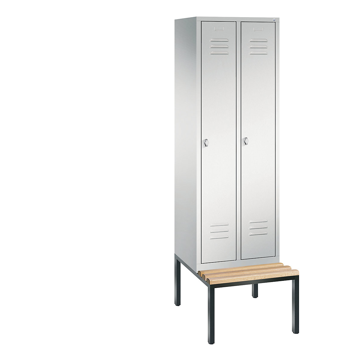 C+P – Armario guardarropa CLASSIC con banco integrado debajo, 2 compartimentos, anchura de compartimento 300 mm, gris luminoso