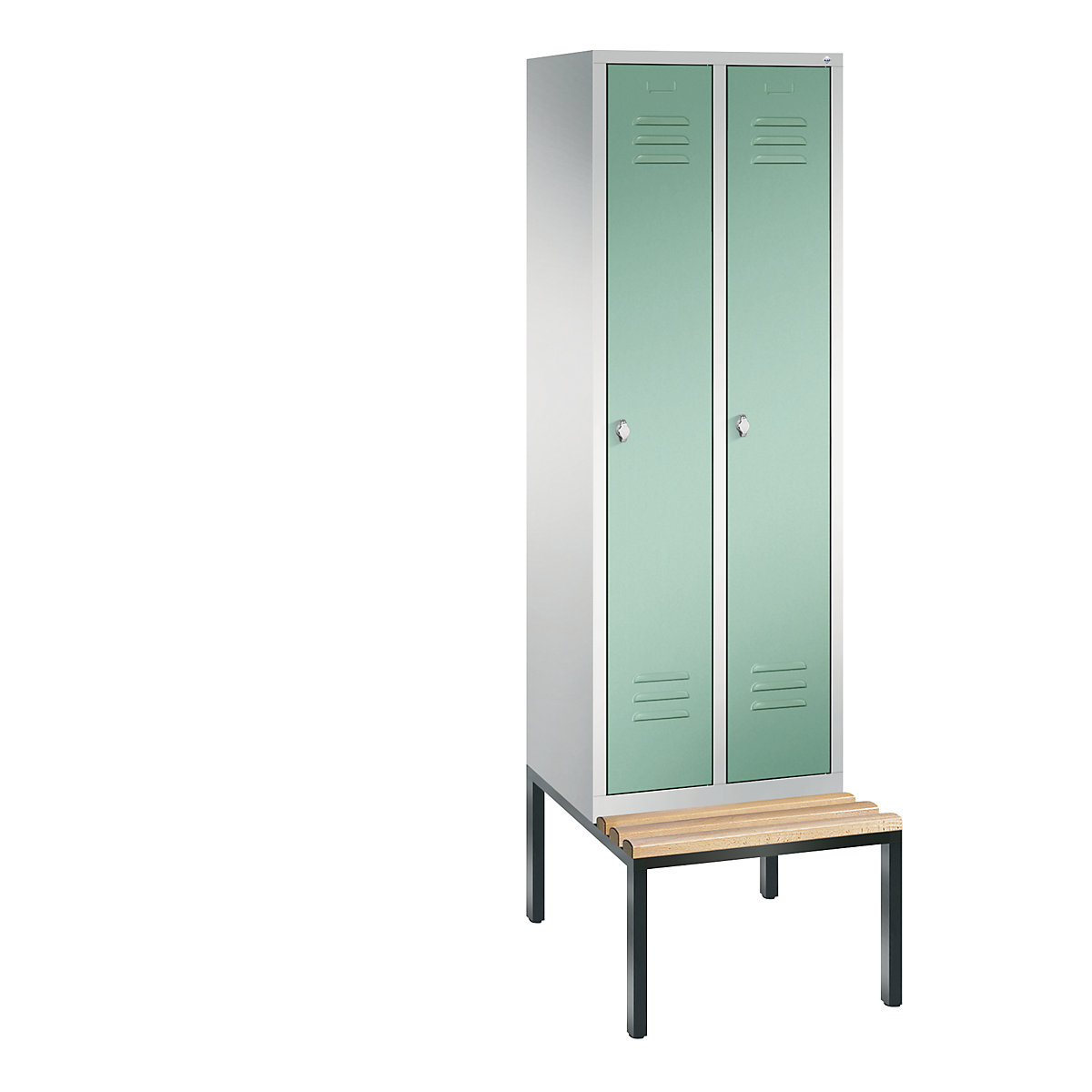 C+P – Armario guardarropa CLASSIC con banco integrado debajo, 2 compartimentos, anchura de compartimento 300 mm, gris luminoso / verde luminoso