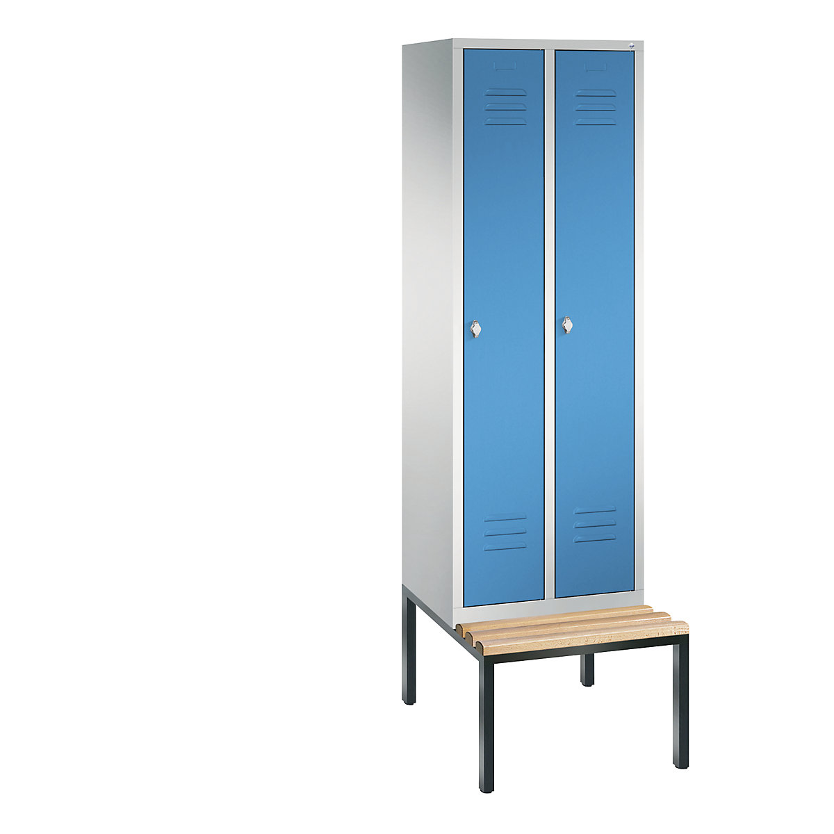 C+P – Armario guardarropa CLASSIC con banco integrado debajo, 2 compartimentos, anchura de compartimento 300 mm, gris luminoso / azul luminoso