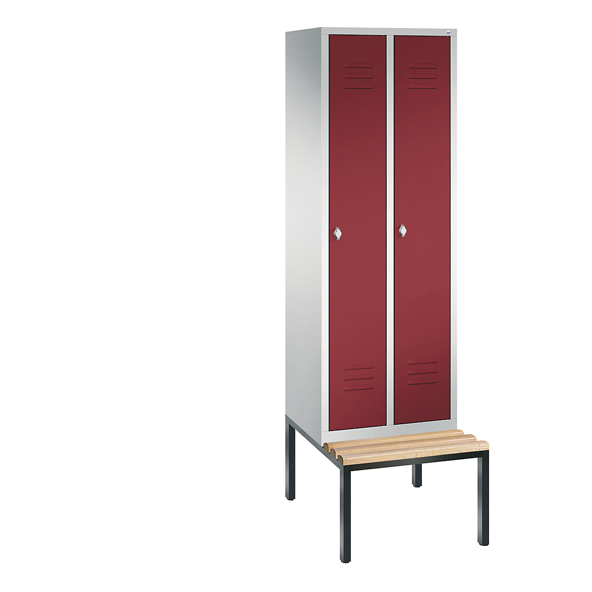 C+P – Armario guardarropa CLASSIC con banco integrado debajo, 2 compartimentos, anchura de compartimento 300 mm, gris luminoso / rojo rubí