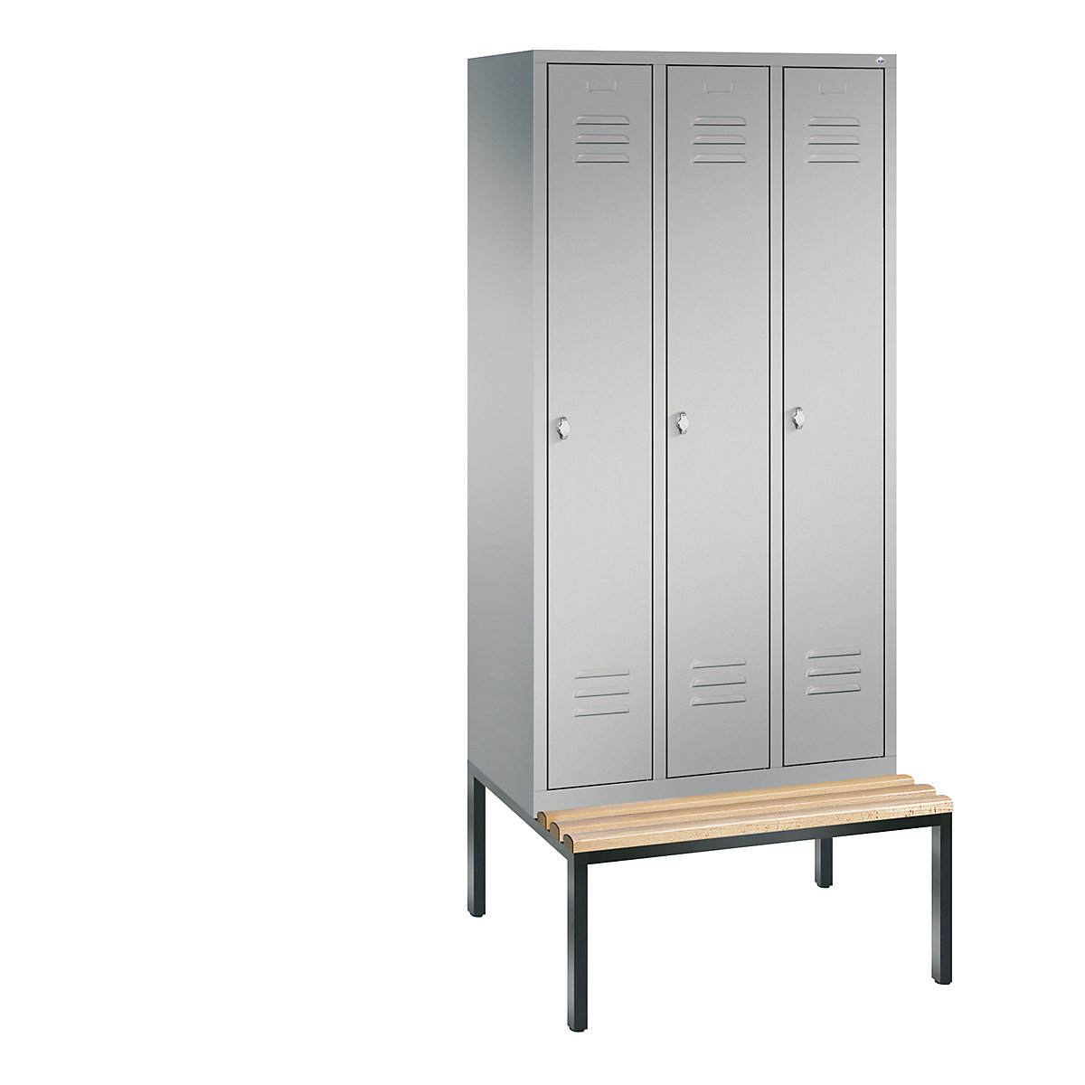 C+P – Armario guardarropa CLASSIC con banco integrado debajo, 3 compartimentos, anchura de compartimento 300 mm, aluminio blanco