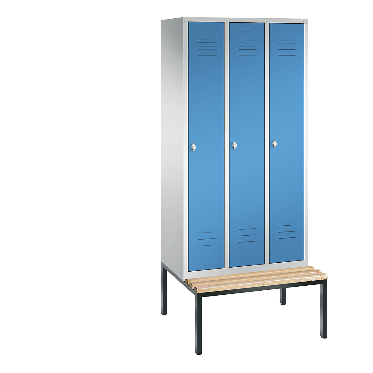 C+P – Armario guardarropa CLASSIC con banco integrado debajo, 3 compartimentos, anchura de compartimento 300 mm, gris luminoso / azul luminoso