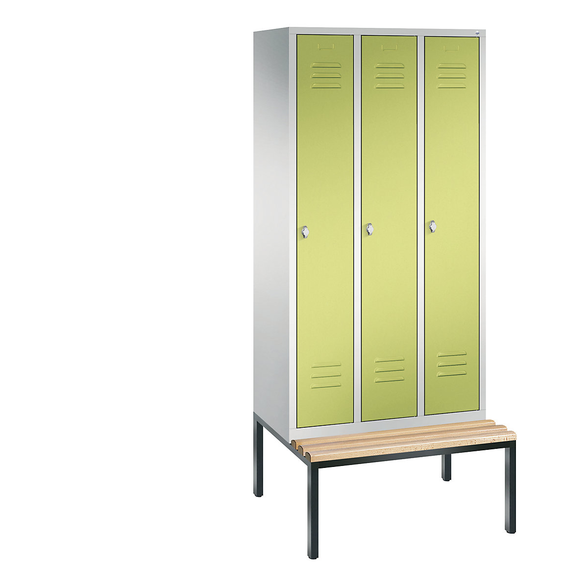 C+P – Armario guardarropa CLASSIC con banco integrado debajo, 3 compartimentos, anchura de compartimento 300 mm, gris luminoso / verde pistacho