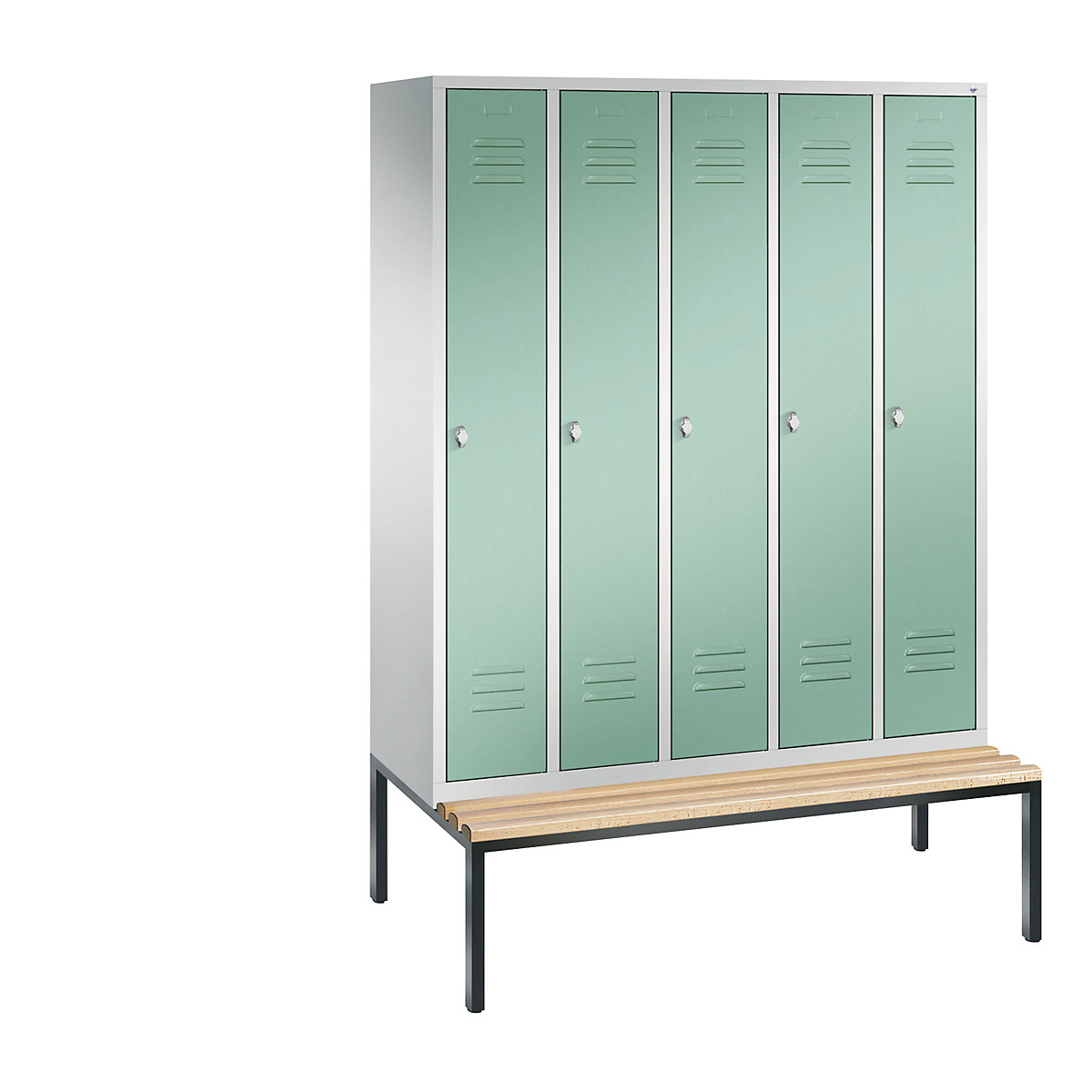 C+P – Armario guardarropa CLASSIC con banco integrado debajo, 5 compartimentos, anchura de compartimento 300 mm, gris luminoso / verde luminoso