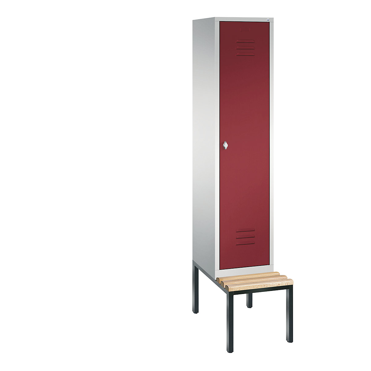 C+P – Armario guardarropa CLASSIC con banco integrado debajo, 1 compartimento, anchura de compartimento 400 mm, gris luminoso / rojo rubí