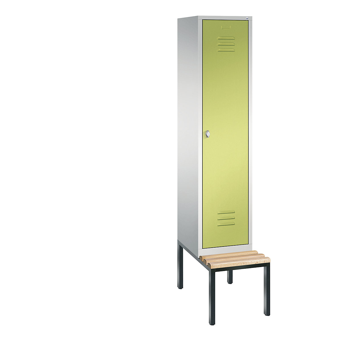 C+P – Armario guardarropa CLASSIC con banco integrado debajo, 1 compartimento, anchura de compartimento 400 mm, gris luminoso / verde pistacho