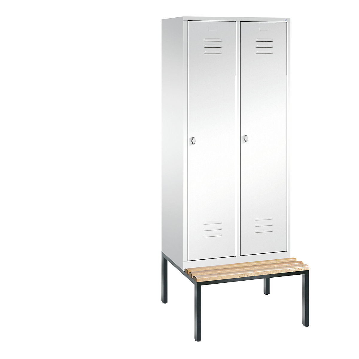C+P – Armario guardarropa CLASSIC con banco integrado debajo, 2 compartimentos, anchura de compartimento 400 mm, blanco tráfico