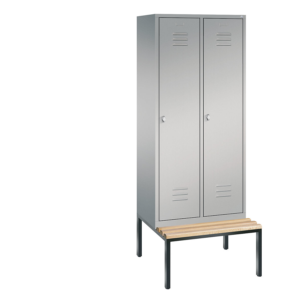 C+P – Armario guardarropa CLASSIC con banco integrado debajo, 2 compartimentos, anchura de compartimento 400 mm, aluminio blanco