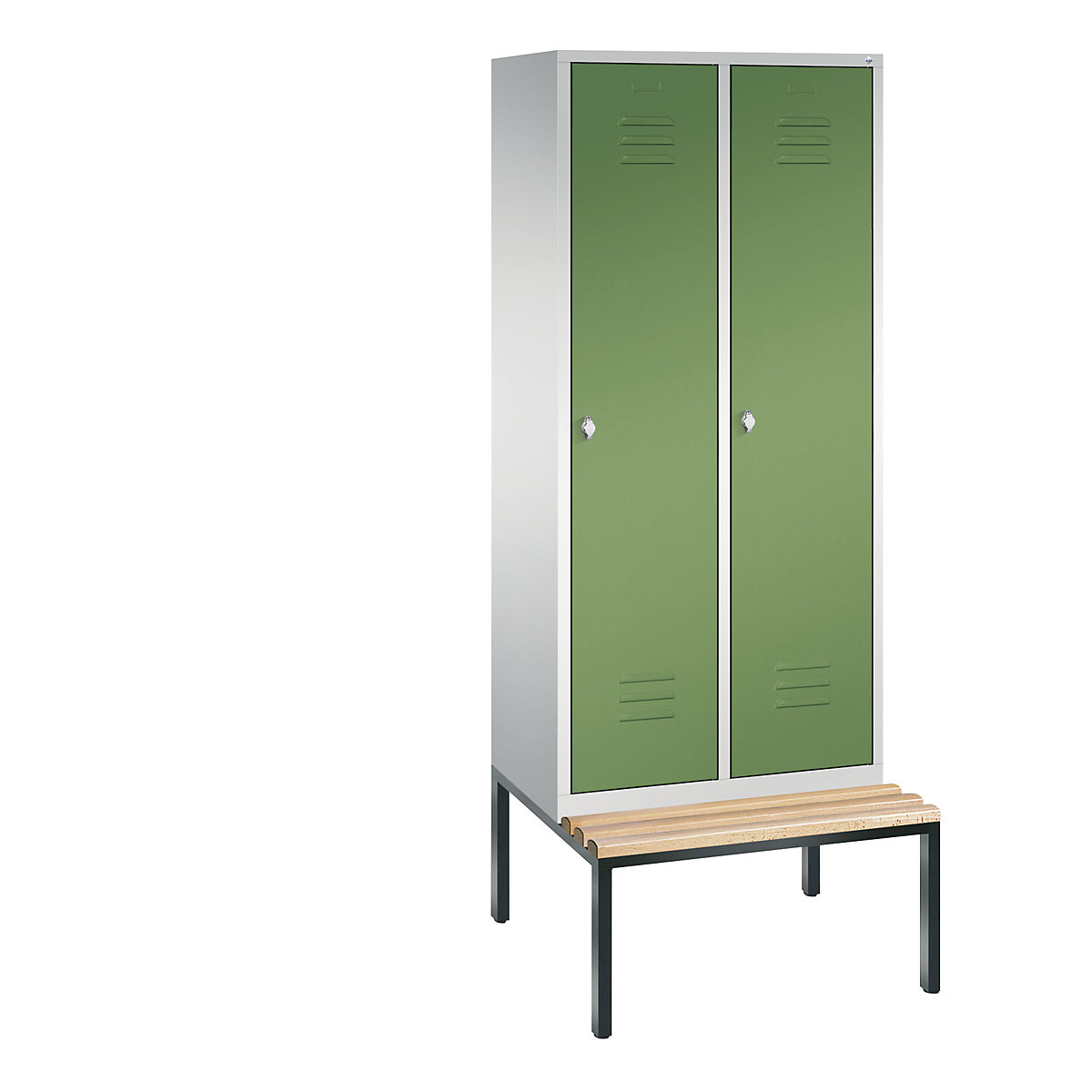 C+P – Armario guardarropa CLASSIC con banco integrado debajo, 2 compartimentos, anchura de compartimento 400 mm, gris luminoso / verde reseda