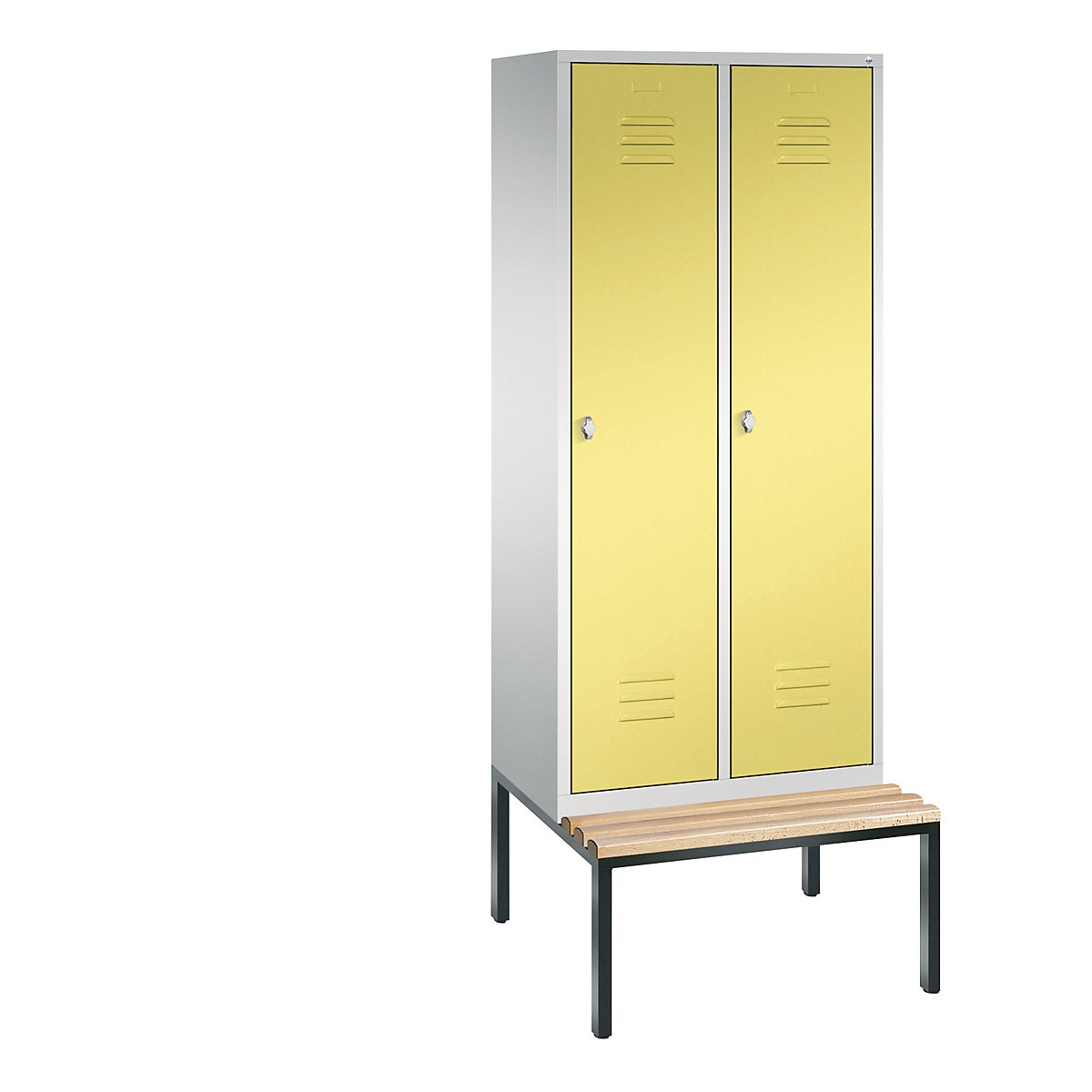 C+P – Armario guardarropa CLASSIC con banco integrado debajo, 2 compartimentos, anchura de compartimento 400 mm, gris luminoso / amarillo azufre