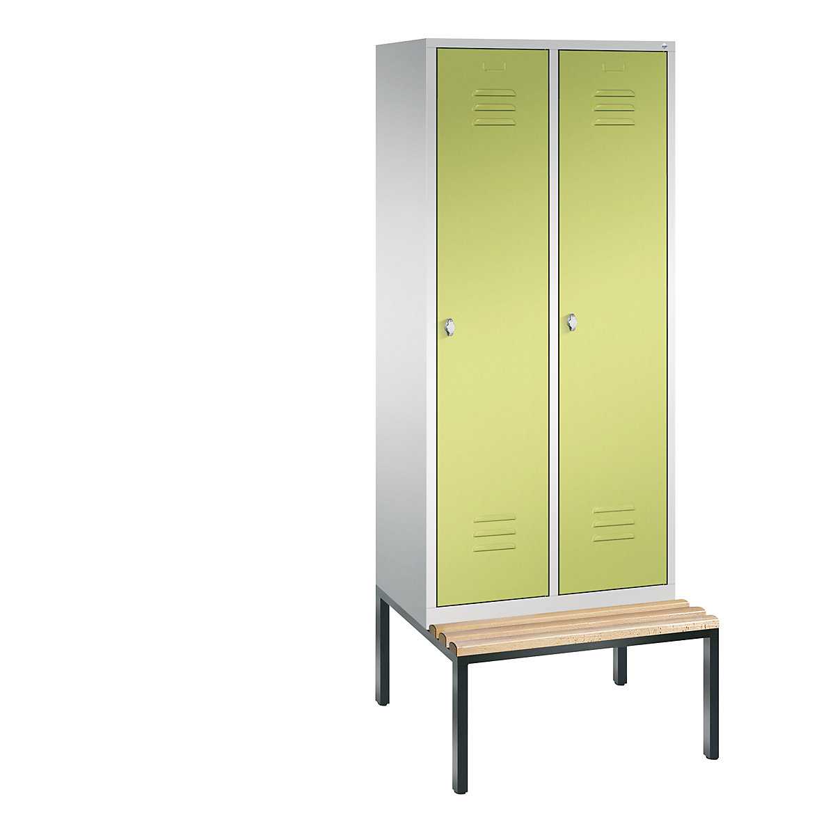 C+P – Armario guardarropa CLASSIC con banco integrado debajo, 2 compartimentos, anchura de compartimento 400 mm, gris luminoso / verde pistacho