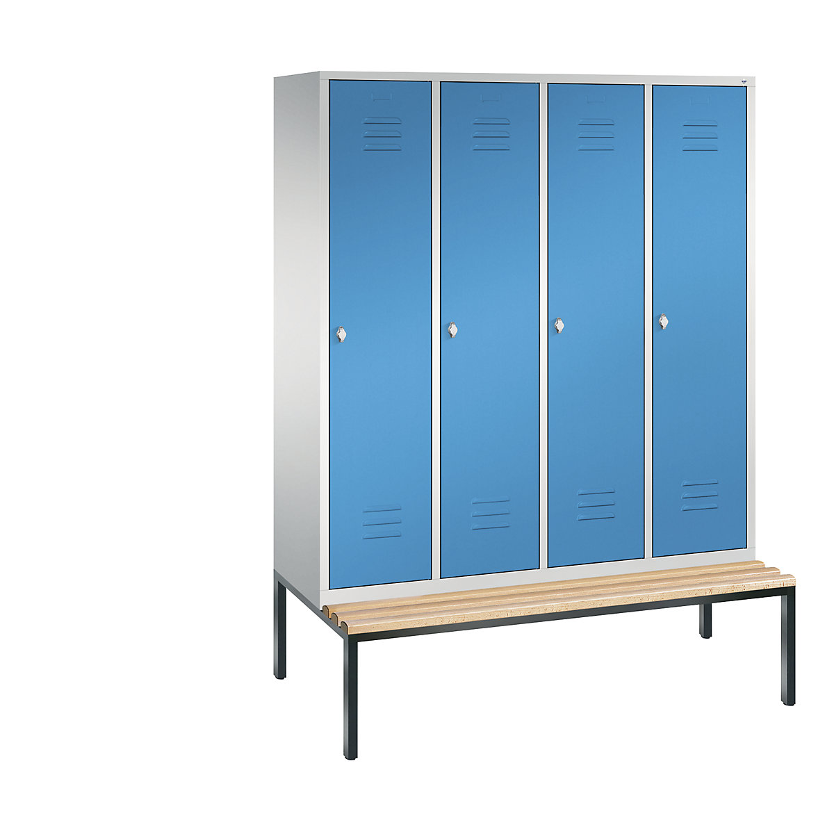 C+P – Armario guardarropa CLASSIC con banco integrado debajo, 4 compartimentos, anchura de compartimento 400 mm, gris luminoso / azul luminoso