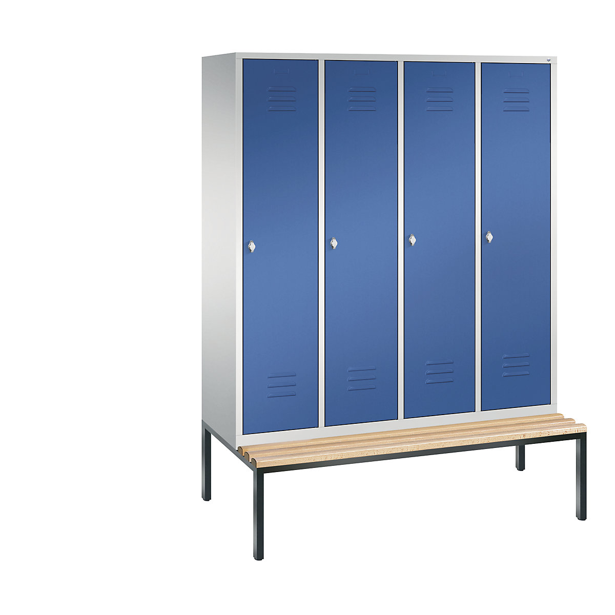 C+P – Armario guardarropa CLASSIC con banco integrado debajo, 4 compartimentos, anchura de compartimento 400 mm, gris luminoso / azul genciana