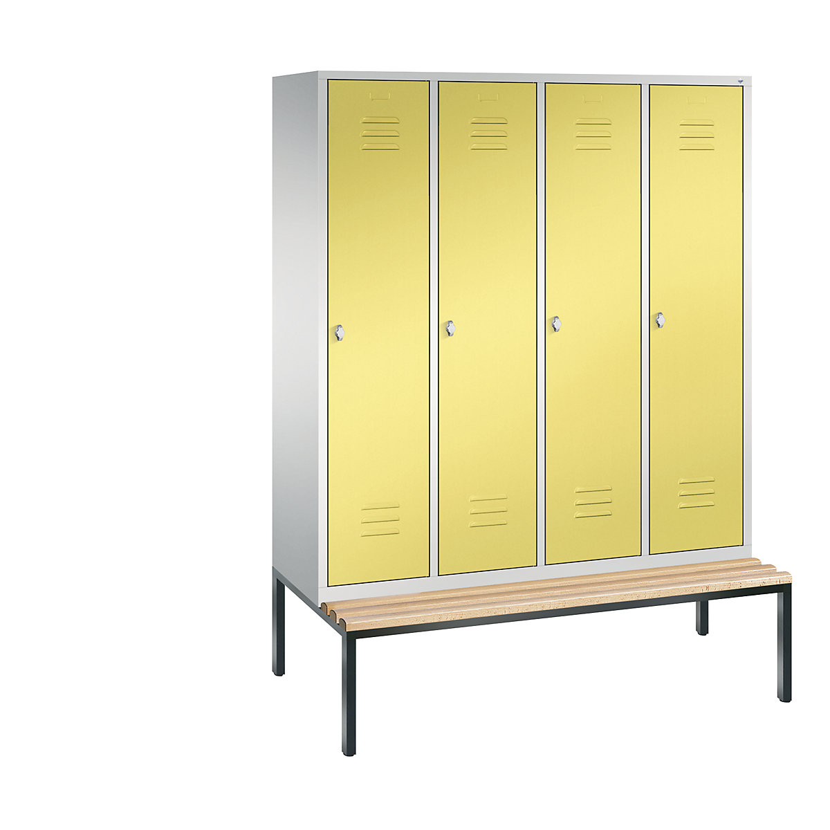 C+P – Armario guardarropa CLASSIC con banco integrado debajo, 4 compartimentos, anchura de compartimento 400 mm, gris luminoso / amarillo azufre