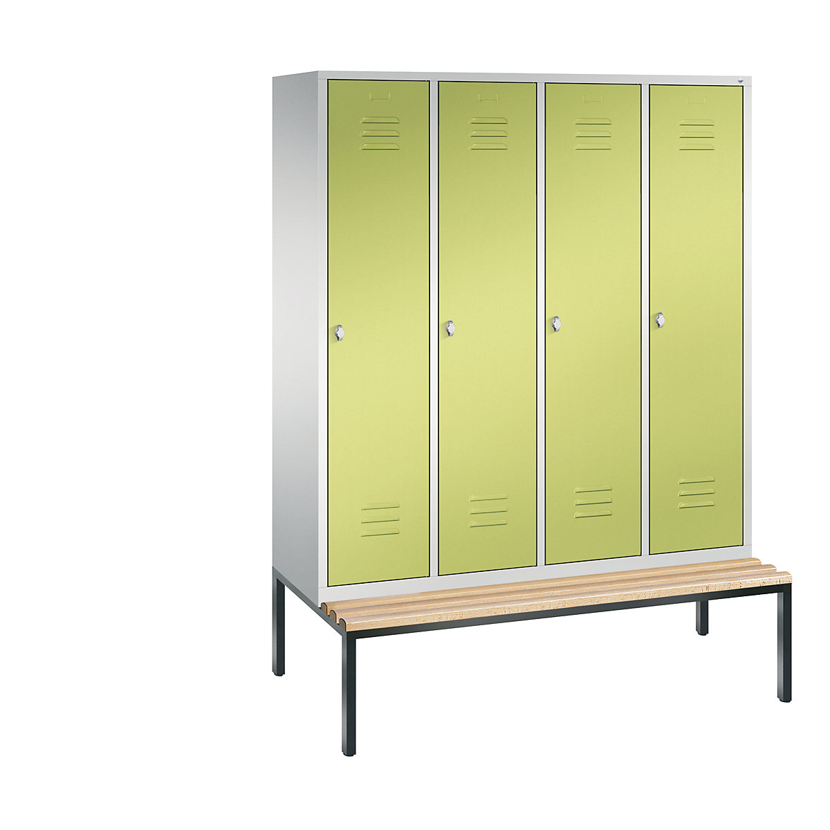 C+P – Armario guardarropa CLASSIC con banco integrado debajo, 4 compartimentos, anchura de compartimento 400 mm, gris luminoso / verde pistacho