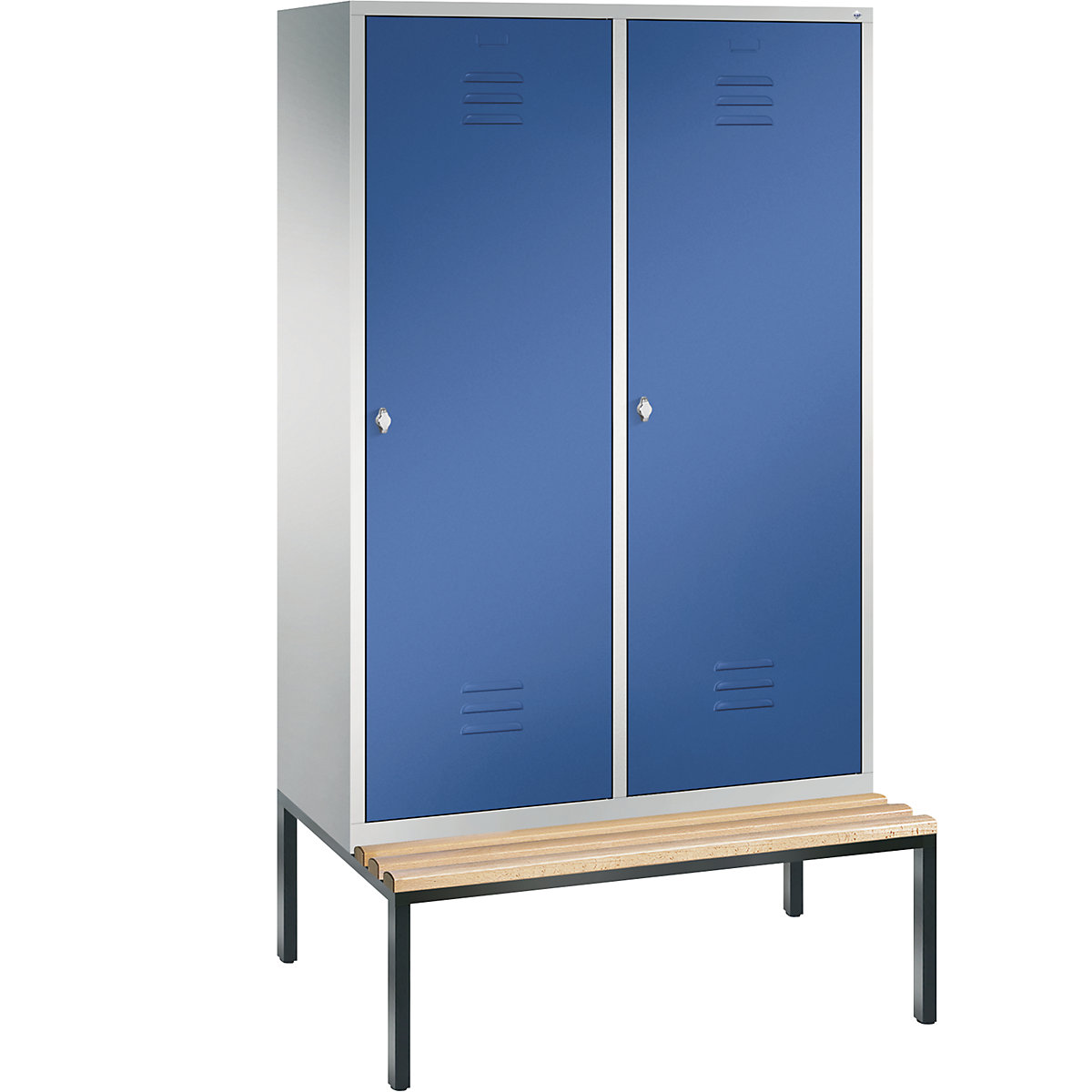 C+P – Armario guardarropa CLASSIC con banco integrado debajo y puerta sobre 2 compartimentos, 4 compartimentos, anchura de compartimento 300 mm, gris luminoso / azul genciana