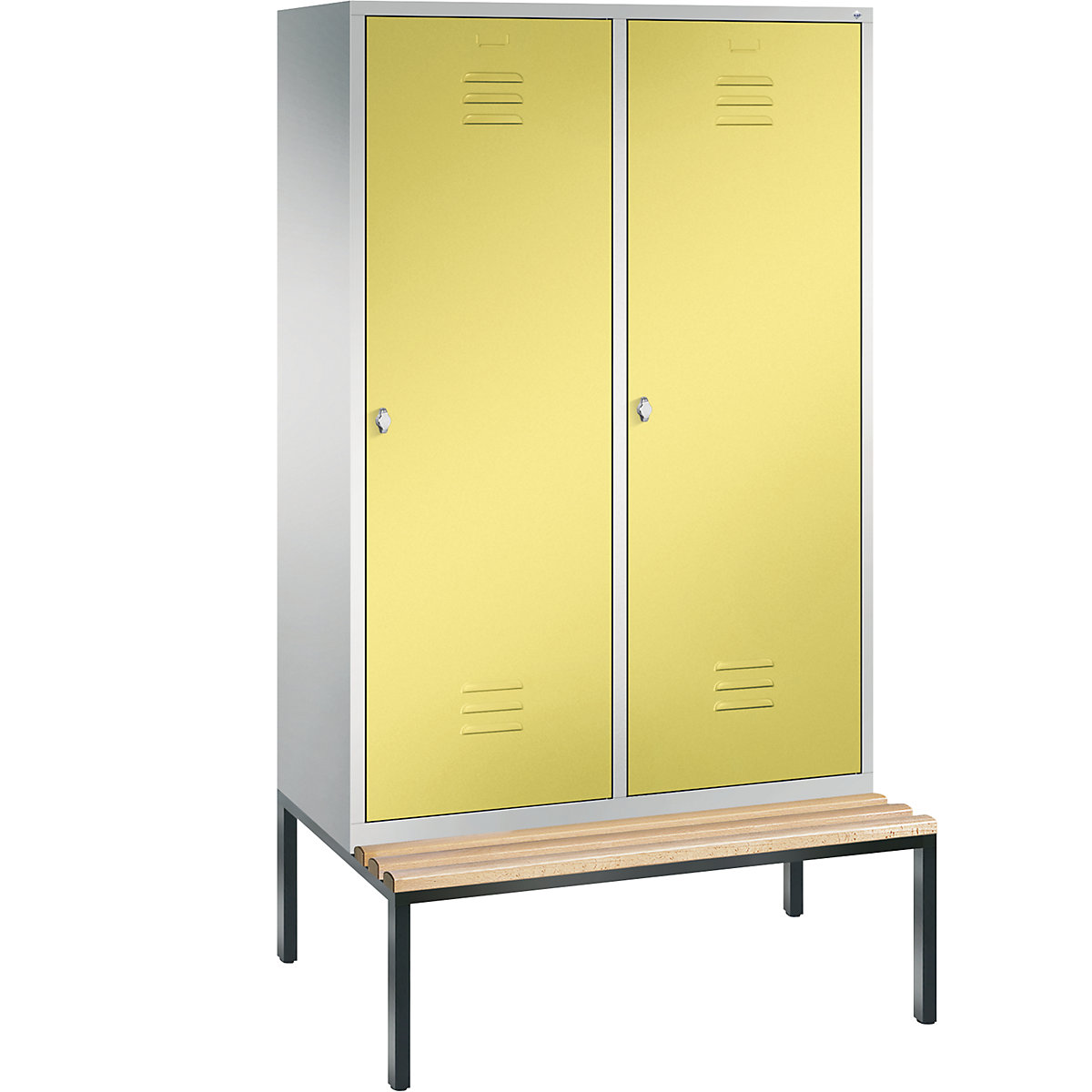 C+P – Armario guardarropa CLASSIC con banco integrado debajo y puerta sobre 2 compartimentos, 4 compartimentos, anchura de compartimento 300 mm, gris luminoso / amarillo azufre