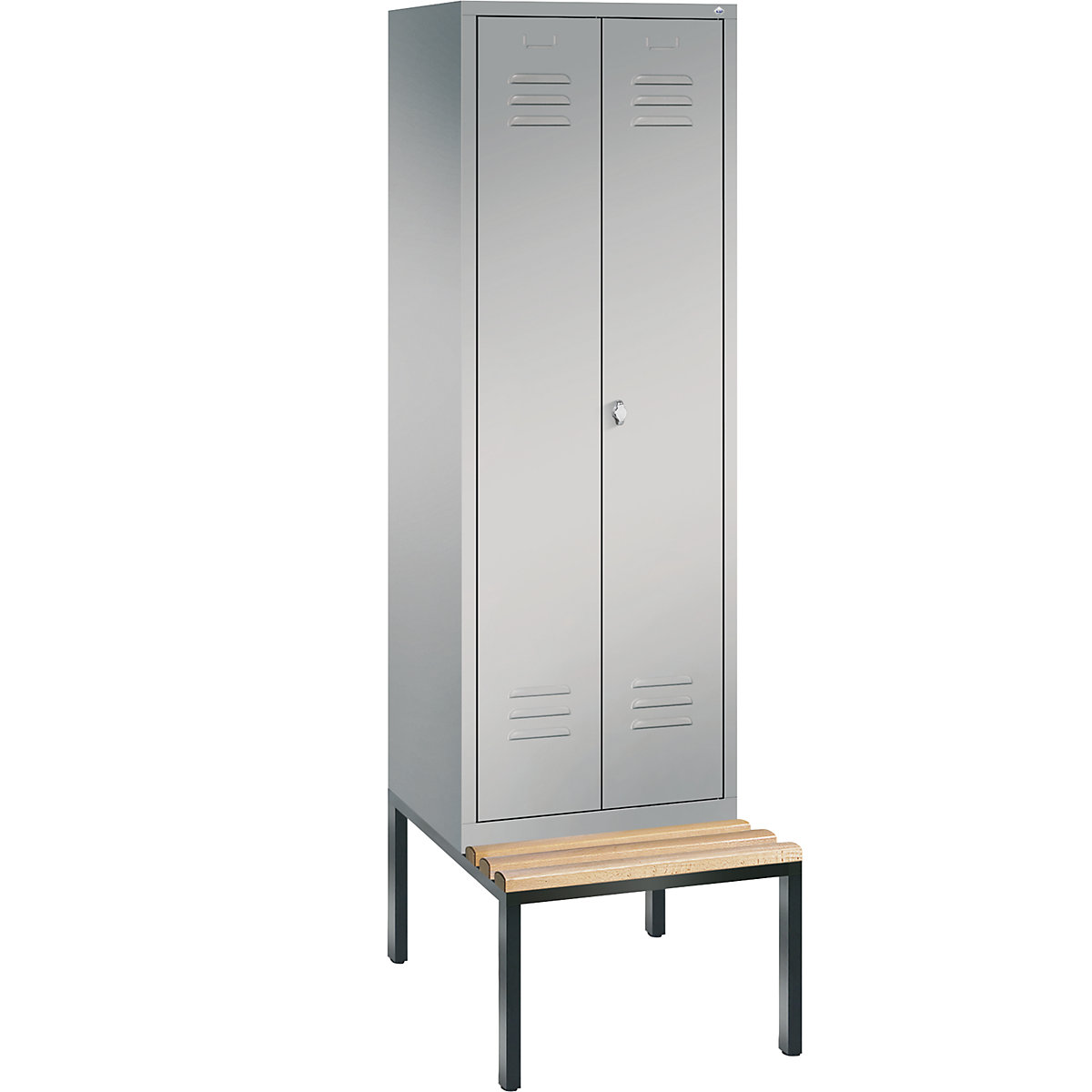 C+P – Armario guardarropa CLASSIC con banco integrado debajo y puertas batientes que cierran al ras entre sí, 2 compartimentos, anchura de compartimento 300 mm, aluminio blanco