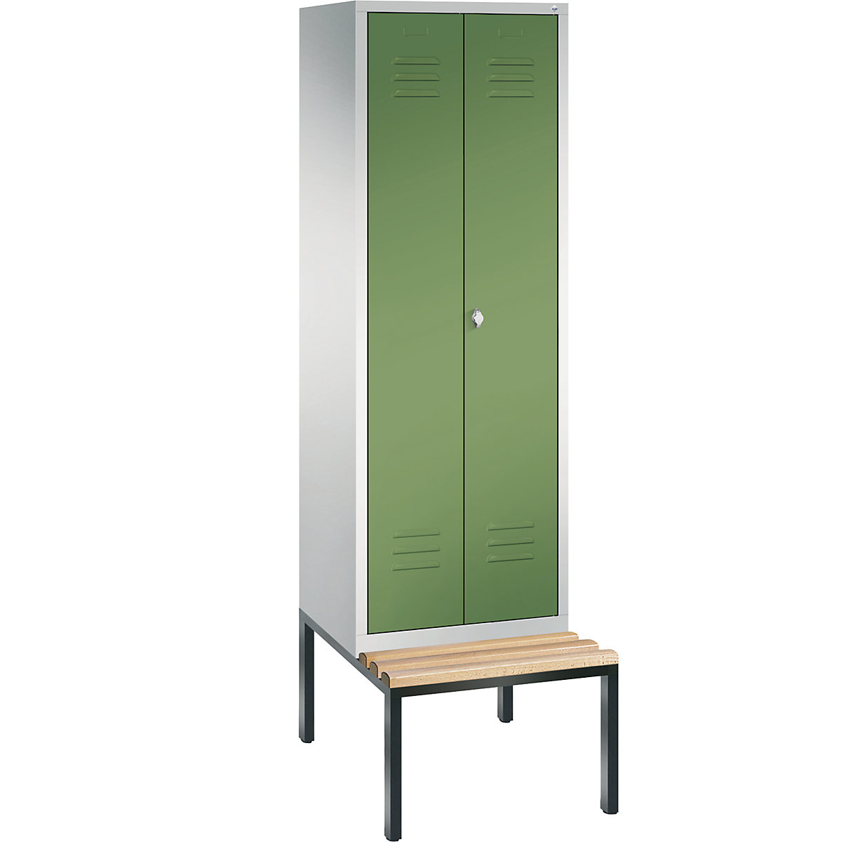 C+P – Armario guardarropa CLASSIC con banco integrado debajo y puertas batientes que cierran al ras entre sí, 2 compartimentos, anchura de compartimento 300 mm, gris luminoso / verde reseda
