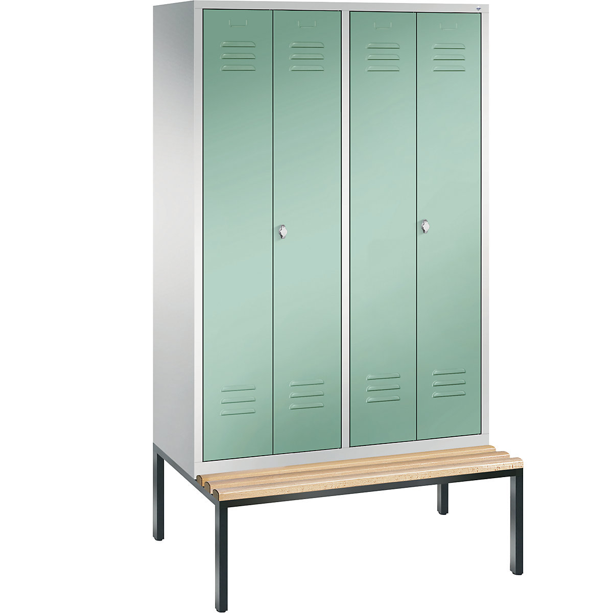 C+P – Armario guardarropa CLASSIC con banco integrado debajo y puertas batientes que cierran al ras entre sí, 4 compartimentos, anchura de compartimento 300 mm, gris luminoso / verde luminoso