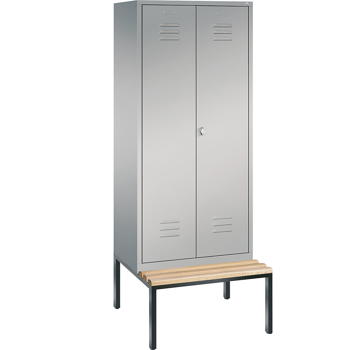 C+P – Armario guardarropa CLASSIC con banco integrado debajo y puertas batientes que cierran al ras entre sí, 2 compartimentos, anchura de compartimento 400 mm, aluminio blanco