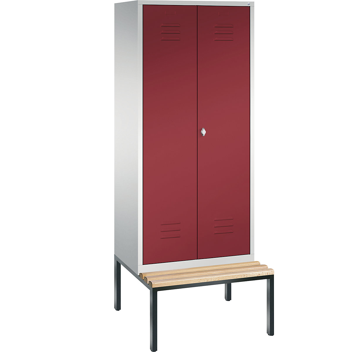 C+P – Armario guardarropa CLASSIC con banco integrado debajo y puertas batientes que cierran al ras entre sí, 2 compartimentos, anchura de compartimento 400 mm, gris luminoso / rojo rubí