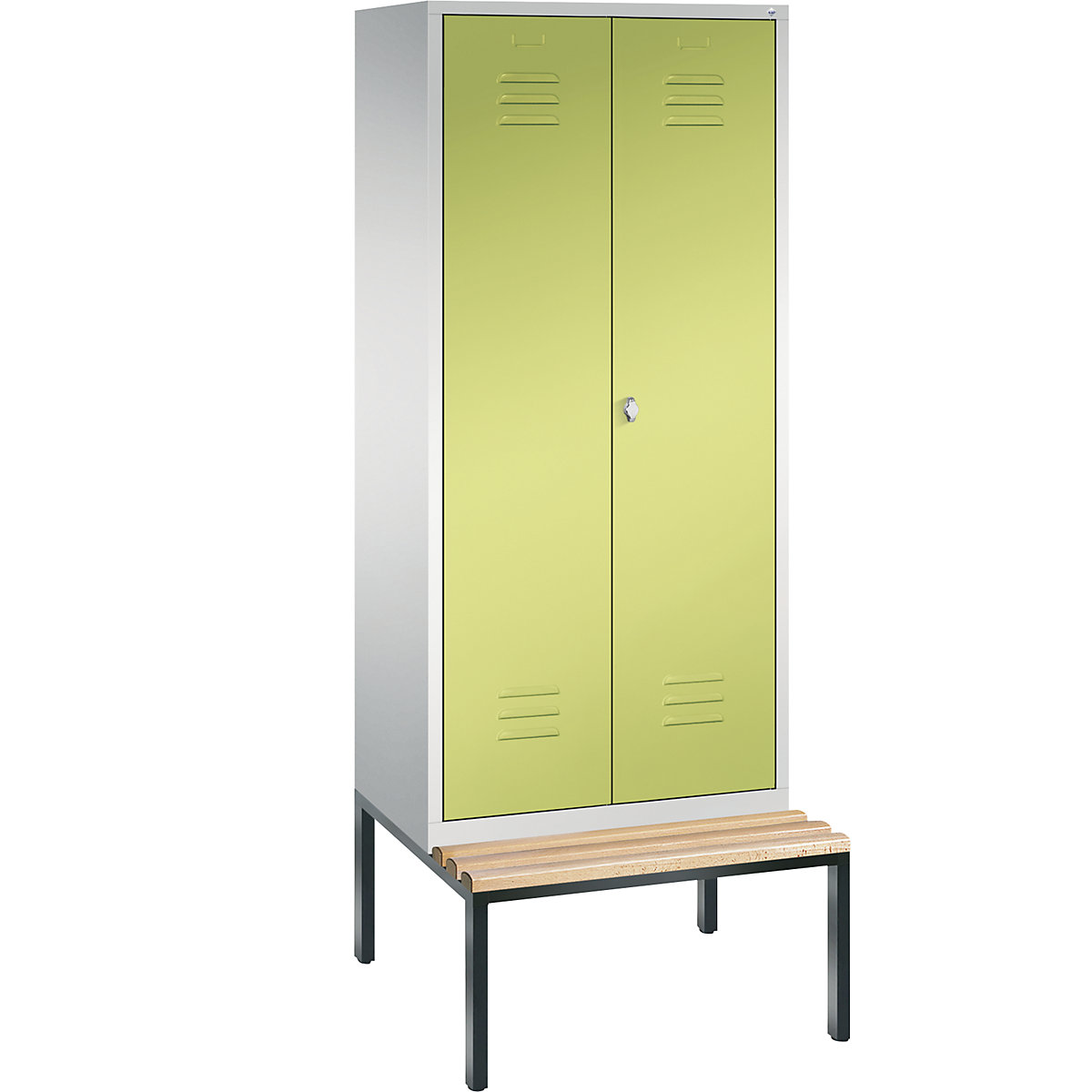 C+P – Armario guardarropa CLASSIC con banco integrado debajo y puertas batientes que cierran al ras entre sí, 2 compartimentos, anchura de compartimento 400 mm, gris luminoso / verde pistacho