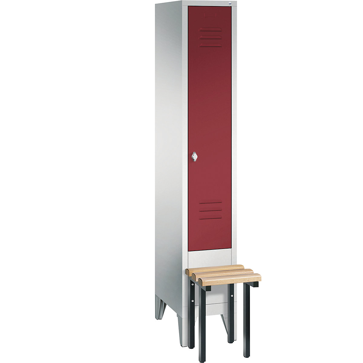 C+P – Armario guardarropa CLASSIC con banco integrado en la parte delantera, 1 compartimento, anchura de compartimento 300 mm, gris luminoso / rojo rubí