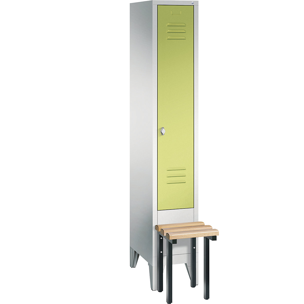 C+P – Armario guardarropa CLASSIC con banco integrado en la parte delantera, 1 compartimento, anchura de compartimento 300 mm, gris luminoso / verde pistacho