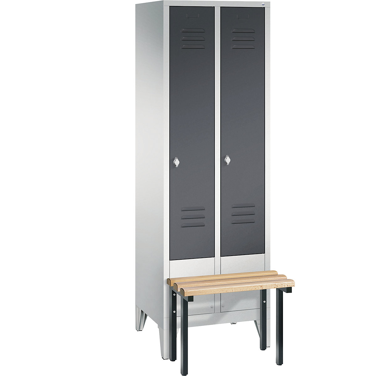 C+P – Armario guardarropa CLASSIC con banco integrado en la parte delantera, 2 compartimentos, anchura de compartimento 300 mm, gris luminoso / gris negruzco