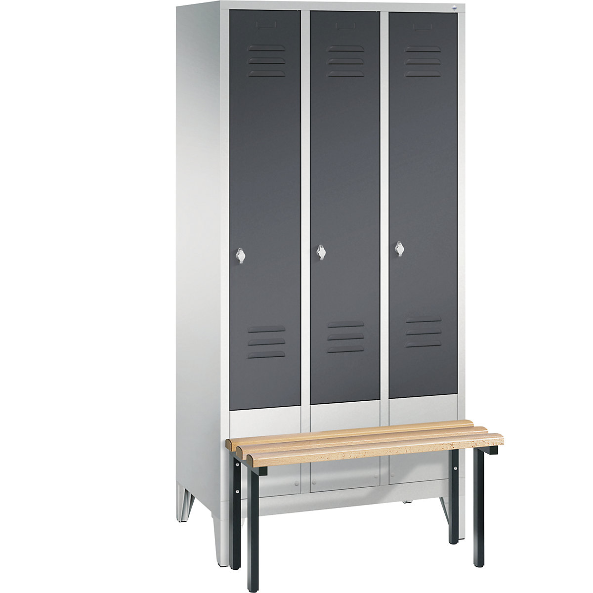 C+P – Armario guardarropa CLASSIC con banco integrado en la parte delantera, 3 compartimentos, anchura de compartimento 300 mm, gris luminoso / gris negruzco