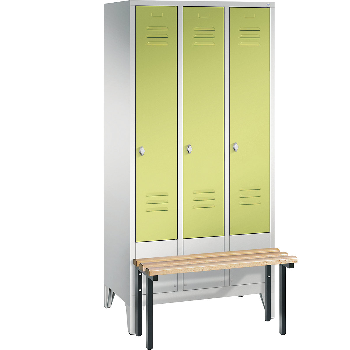 C+P – Armario guardarropa CLASSIC con banco integrado en la parte delantera, 3 compartimentos, anchura de compartimento 300 mm, gris luminoso / verde pistacho