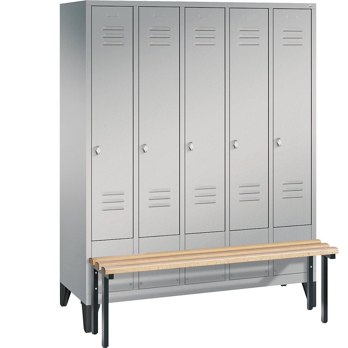 C+P – Armario guardarropa CLASSIC con banco integrado en la parte delantera, 5 compartimentos, anchura de compartimento 300 mm, aluminio blanco