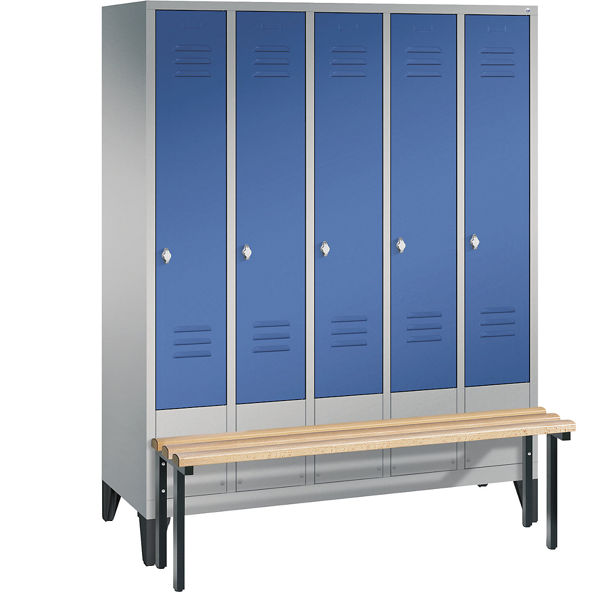 C+P – Armario guardarropa CLASSIC con banco integrado en la parte delantera, 5 compartimentos, anchura de compartimento 300 mm, aluminio blanco / azul genciana