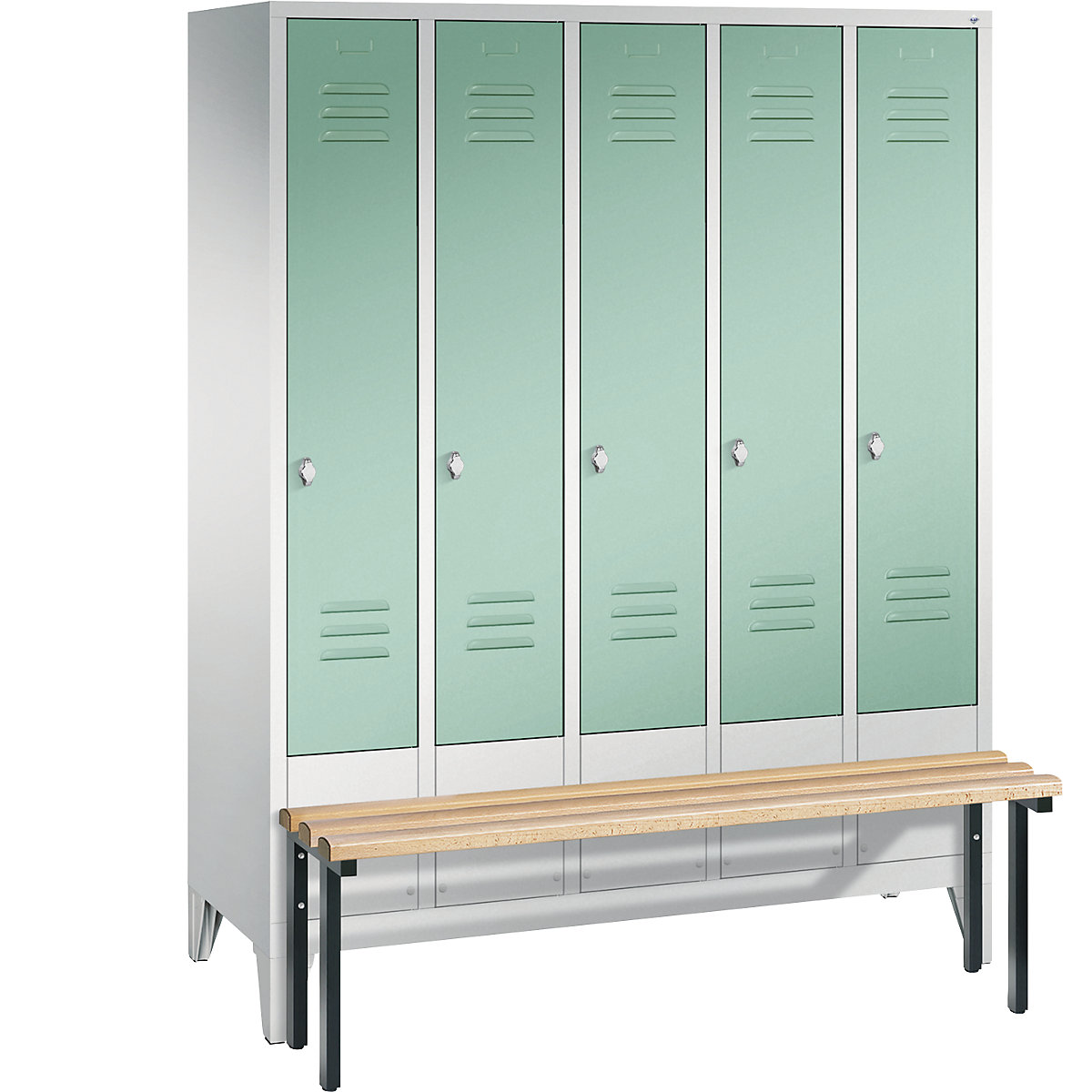 C+P – Armario guardarropa CLASSIC con banco integrado en la parte delantera, 5 compartimentos, anchura de compartimento 300 mm, gris luminoso / verde luminoso