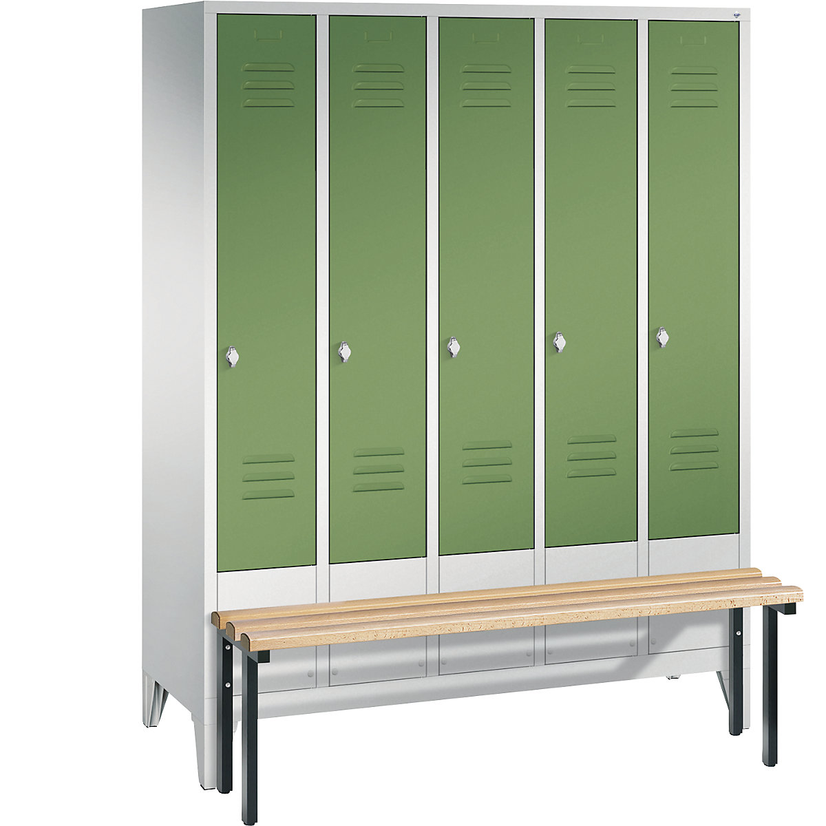 C+P – Armario guardarropa CLASSIC con banco integrado en la parte delantera, 5 compartimentos, anchura de compartimento 300 mm, gris luminoso / verde reseda