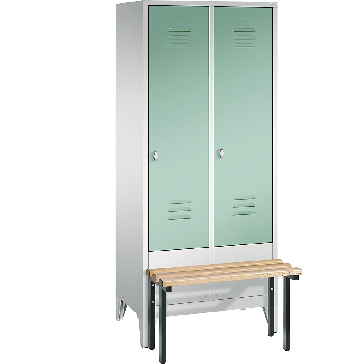 C+P – Armario guardarropa CLASSIC con banco integrado en la parte delantera, 2 compartimentos, anchura de compartimento 400 mm, gris luminoso / verde luminoso