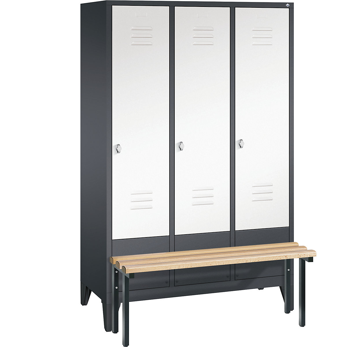 C+P – Armario guardarropa CLASSIC con banco integrado en la parte delantera, 3 compartimentos, anchura de compartimento 400 mm, gris negruzco / blanco tráfico