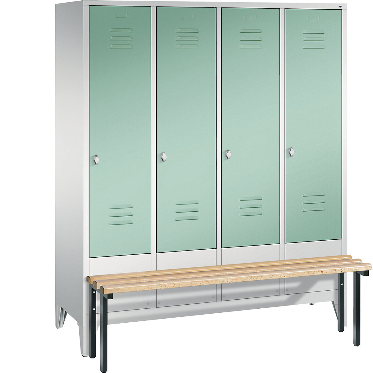 C+P – Armario guardarropa CLASSIC con banco integrado en la parte delantera, 4 compartimentos, anchura de compartimento 400 mm, gris luminoso / verde luminoso