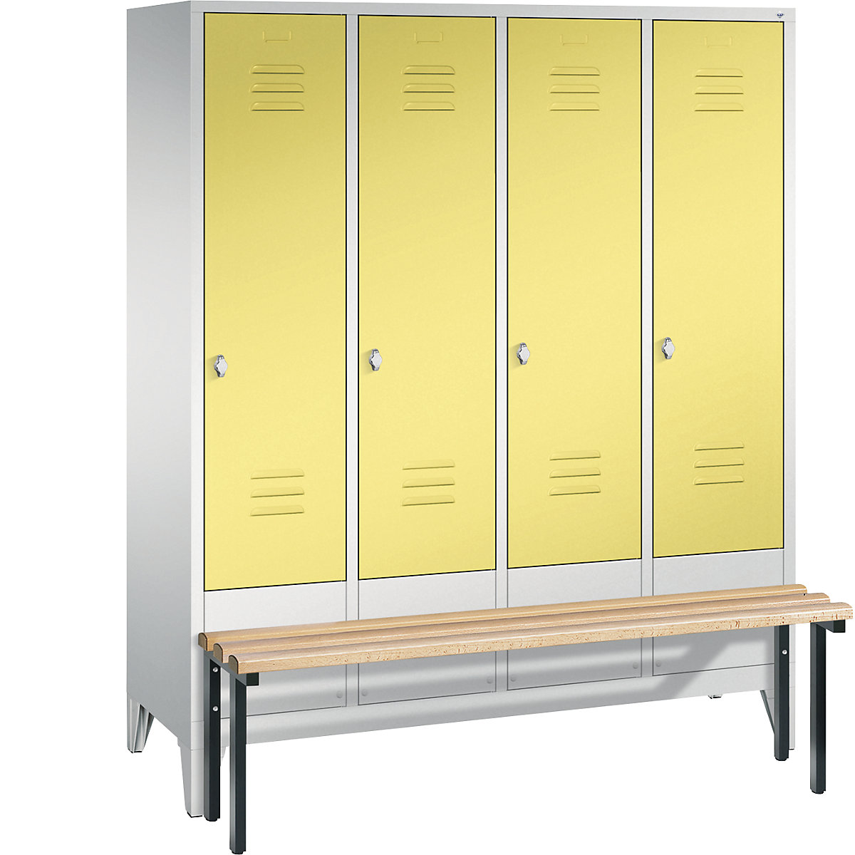 C+P – Armario guardarropa CLASSIC con banco integrado en la parte delantera, 4 compartimentos, anchura de compartimento 400 mm, gris luminoso / amarillo azufre