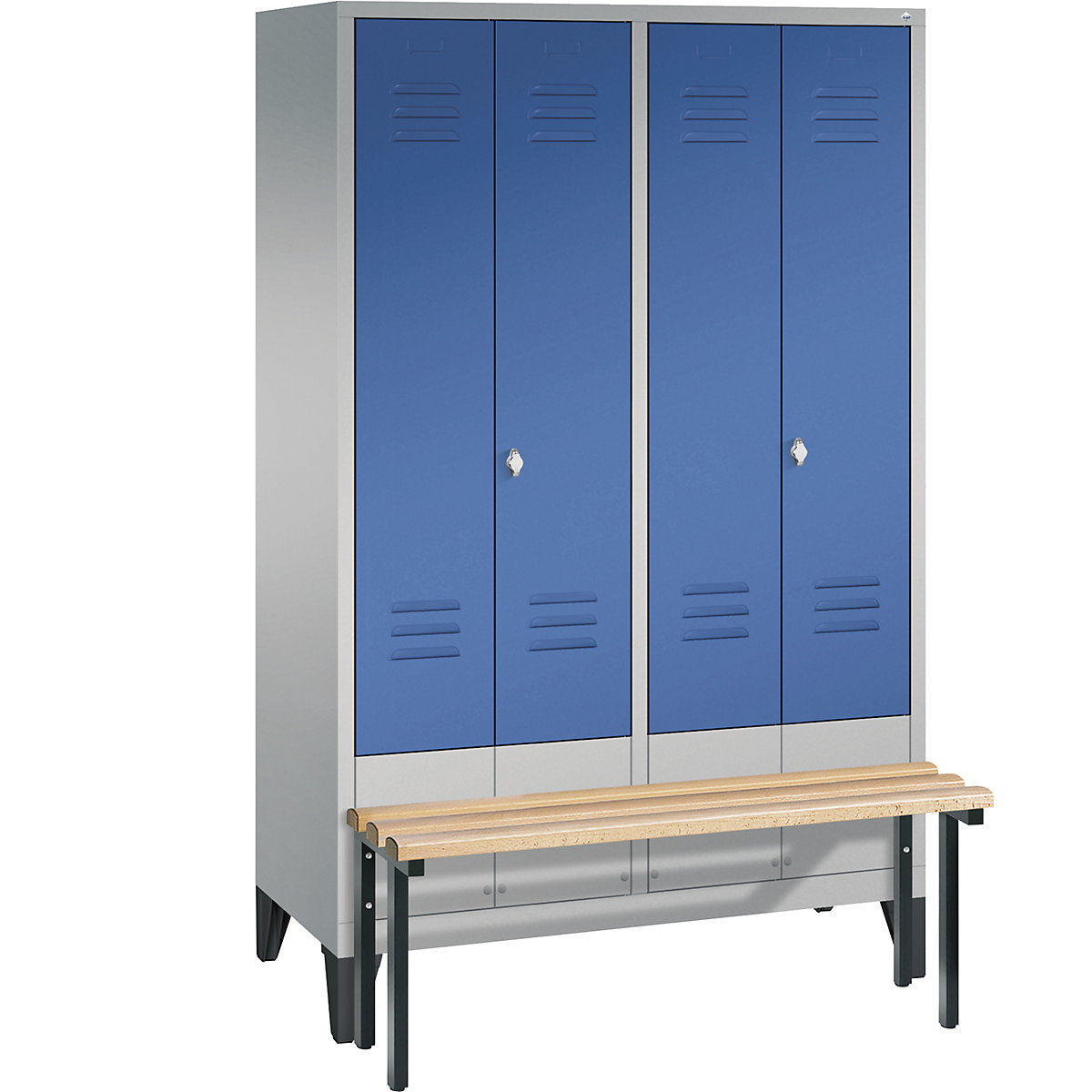 C+P – Armario guardarropa CLASSIC con banco integrado en la parte delantera y puertas batientes que cierran al ras entre sí, 4 compartimentos, anchura de compartimento 300 mm, aluminio blanco / azul genciana