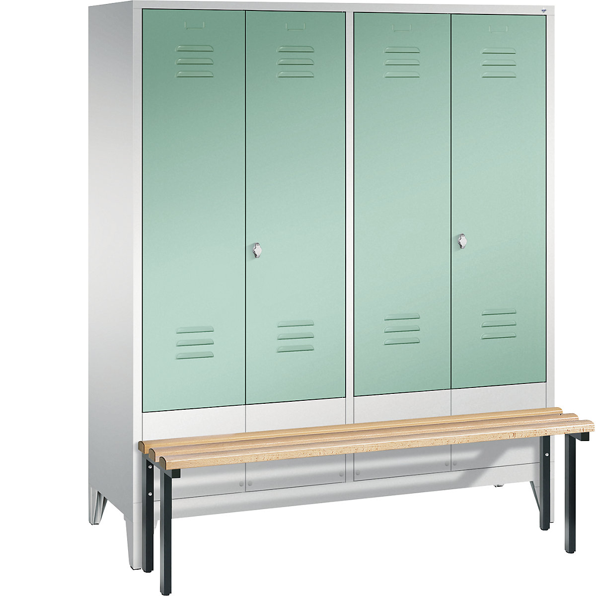 C+P – Armario guardarropa CLASSIC con banco integrado en la parte delantera y puertas batientes que cierran al ras entre sí, 4 compartimentos, anchura de compartimento 400 mm, gris luminoso / verde luminoso
