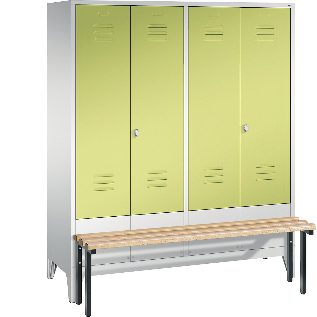 C+P – Armario guardarropa CLASSIC con banco integrado en la parte delantera y puertas batientes que cierran al ras entre sí, 4 compartimentos, anchura de compartimento 400 mm, gris luminoso / verde pistacho