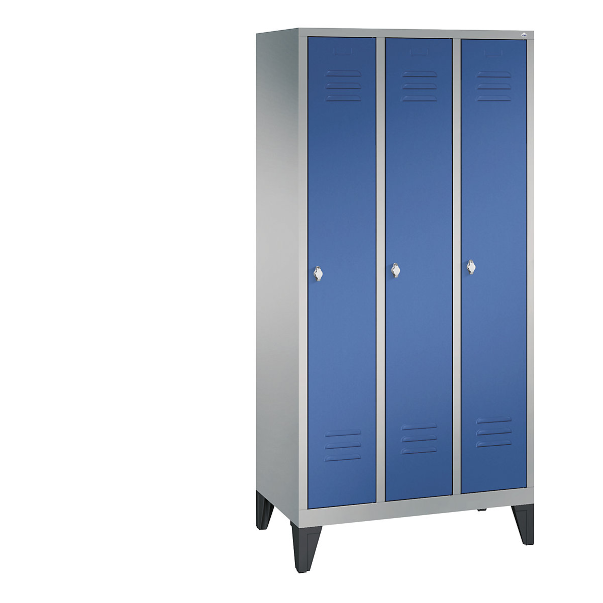 C+P – Armario guardarropa CLASSIC con patas, 3 compartimentos, anchura de compartimento 300 mm, aluminio blanco / azul genciana