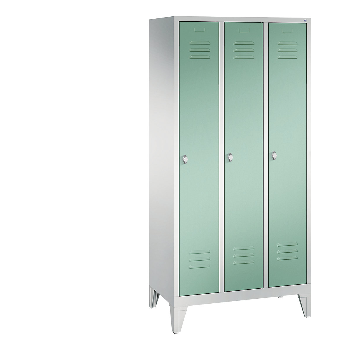 C+P – Armario guardarropa CLASSIC con patas, 3 compartimentos, anchura de compartimento 300 mm, gris luminoso / verde luminoso