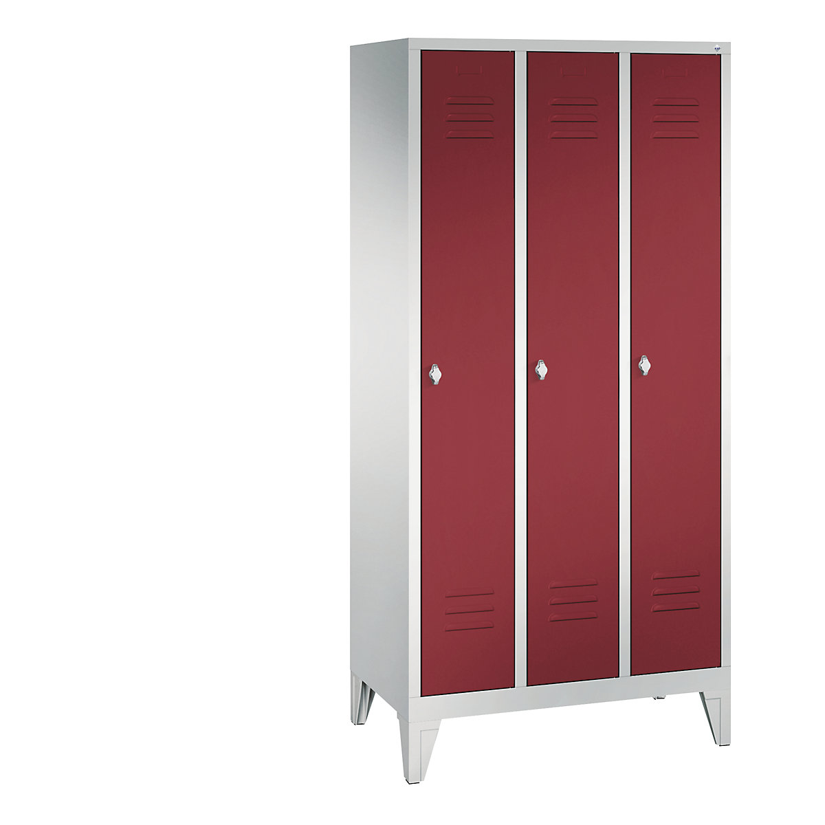 C+P – Armario guardarropa CLASSIC con patas, 3 compartimentos, anchura de compartimento 300 mm, gris luminoso / rojo rubí