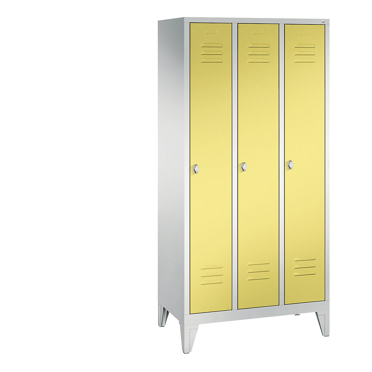 C+P – Armario guardarropa CLASSIC con patas, 3 compartimentos, anchura de compartimento 300 mm, gris luminoso / amarillo azufre